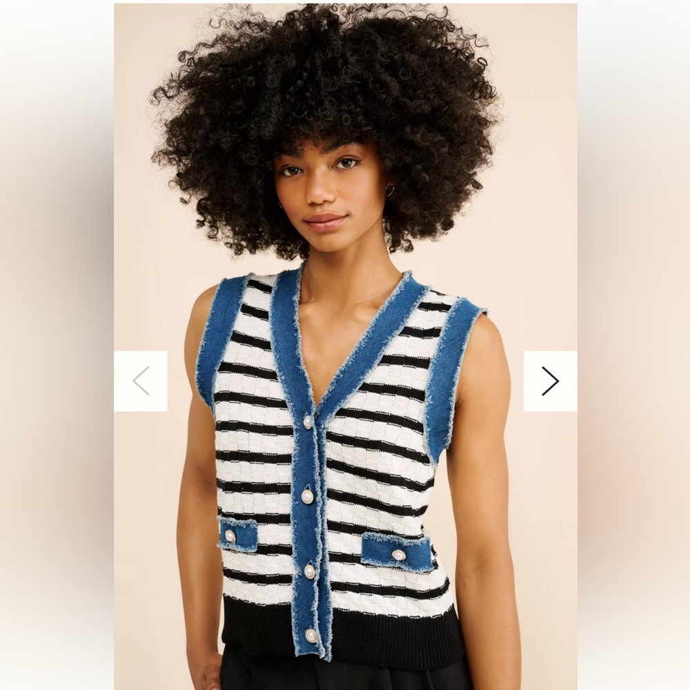 Laundry By Shelli Segal Blue and Black Striped Cardigan Vest.